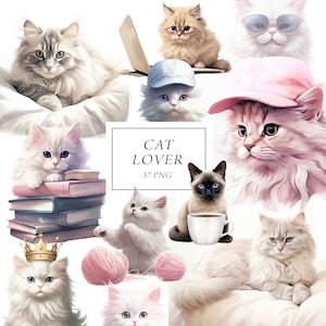 Clipart pour amoureux des chats, lot de cliparts chats, aquarelle, cliparts Png de chats mignons, autocollants pour agenda chats, chats rigolos, clipart amoureux d'animaux de compagnie, publicité