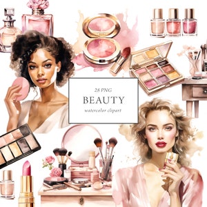 Clipart trucco acquerello, Clipart cosmetici rosa, uso commerciale, Clipart cura di sé della bellezza, salone di bellezza, tempo per me, grafica ombretto