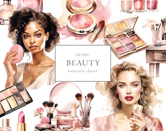 Make Up Clipart Watercolor, Pink Cosmetics Clipart, Commercial Use, Beauty Self Care Clipart, Beauty Salon, Me Time, Eyeshadow Graphics