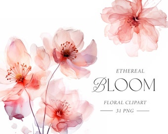 Pink Floral Clipart, Cherry Blossom Clipart, Watercolor Bouquets, Blush Pink, Sakura Clipart, Elegant Wedding Clipart, Commercial Use