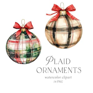 Enfeites de Natal Boho Clipart Aquarela, Enfeites de Natal Xadrez, Clipart de Natal Xadrez, Adesivos de Natal Convite, Comercial