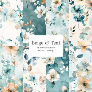 Blaugrüne Nahtlose Muster, Blaugrüne Digitale Blumen Papiere, Botanische Muster, Blaugrün Hintergründe, Blumen Papier Pack, Blaugrünen Stoffmustern