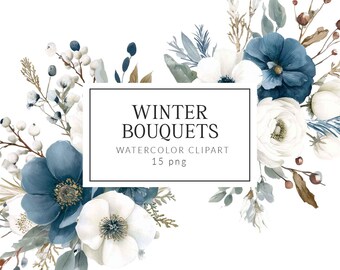 May include: Watercolor winter bouquets in shades of white and blue. The floral arrangement includes anemones, berries, and foliage. The image features the text "Winter Bouquets, Watercolor Clipart, 15 png" in a rectangular frame.