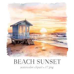Strand zonsondergang clipart, zeezicht clipart, exotisch eiland, kust clipart, tropisch strand, zeezicht landschap aquarel, stranduitnodiging