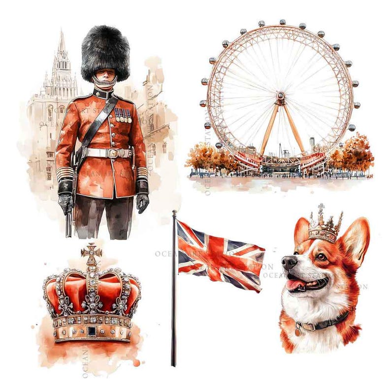 London Clipart, Big Ben Tower Bridge, London Watercolor Illustration, England British UK Clipart, Travel Clipart London Sticker Scrapbooking image 3
