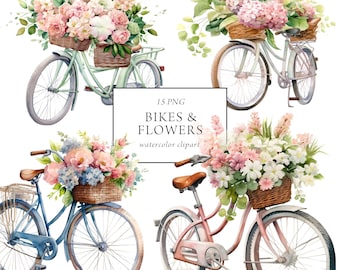 Bike with Flowers Clipart, Bycicle Clipart Watercolor, Bycicle Graphics, Floral Bikes, Spring Clipart, Planner Stickers, Commercial Use