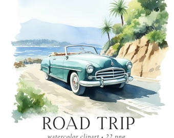 Imágenes prediseñadas de viaje por carretera, imágenes prediseñadas de viaje en acuarela, imágenes prediseñadas de campamento, imágenes prediseñadas de aventura, viajes antiguos, ilustraciones de viajes por carretera