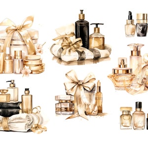 May include: A collection of gold and black bottles of perfume, lotion, and other beauty products. Some of the bottles are wrapped in gold ribbon and bows. The products are arranged on a white background.