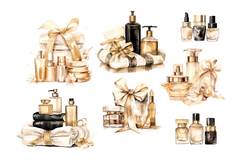 May include: A collection of gold and black bottles of perfume, lotion, and other beauty products. Some of the bottles are wrapped in gold ribbon and bows. The products are arranged on a white background.