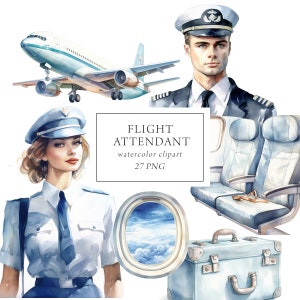 Flugbegleiter Clipart Aquarell, Luftfahrt Flugzeug Clipart, Pilot Flughafen Clipart, Fluggesellschaft Clipart, Reise Clipart Illustrationen