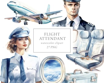 Flight Attendant Clipart Watercolor, Aviation Airplane Clipart, Pilot Airport Clipart, Airline Clipart, Travel Clipart Illustrations