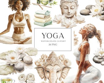 Yoga clipart aquarel, neutrale yogaliefhebber, meditatie zelfzorg, wellness fitness clipart, yoga meisjes, planner stickers, scrapbooking