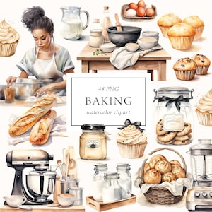 Clipart de cozimento aquarela, clipart de padaria, clipart de culinária, clipart de pastelaria, padeiro menina sobremesas pastelaria doces bolos cupcakes, comercial
