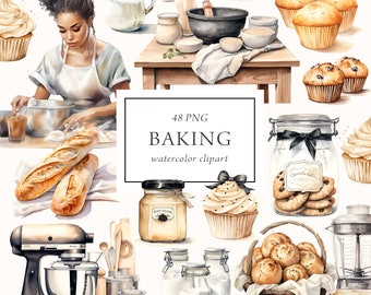 Baking Clipart Watercolor, Bakery Clipart, Cooking Clipart, Pastry Clipart, Baker Girl Desserts Patisserie Sweets Cakes Cupcakes, Commercial