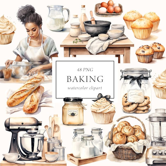 Baking Clipart Watercolor, Bakery Clipart, Cooking Clipart, Pastry Clipart, Baker Girl Desserts Patisserie Sweets Cakes Cupcakes, Commercial