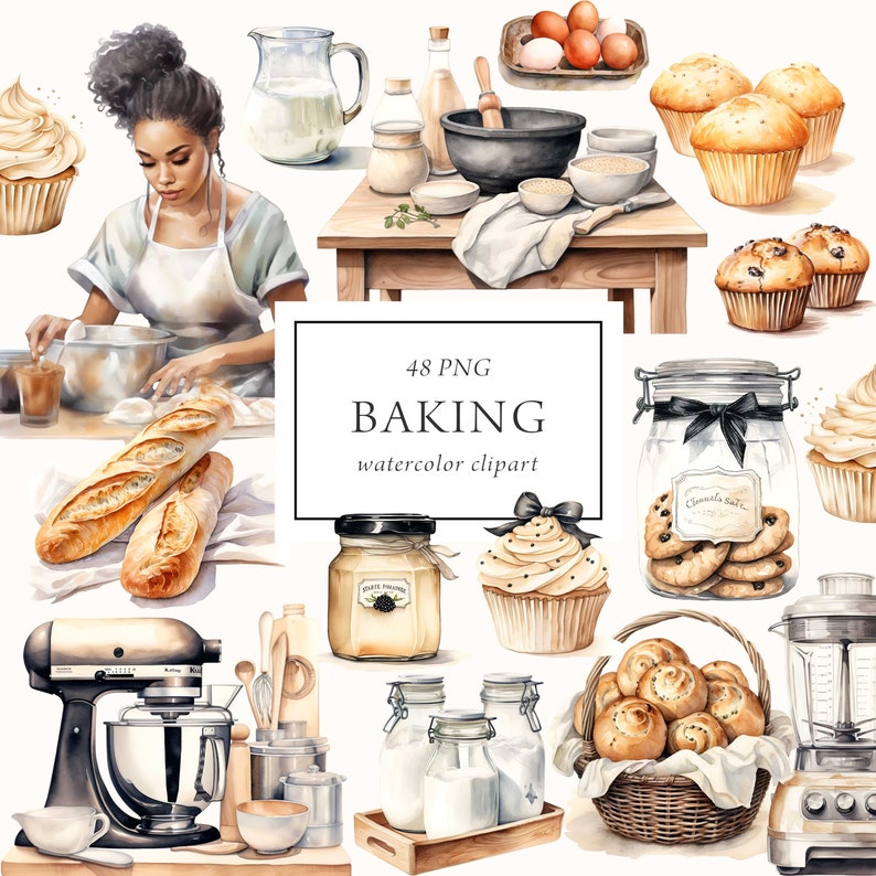 May include: Watercolor clipart set of 48 baking themed illustrations. Includes a variety of baked goods, kitchen tools, and ingredients.  The set features cupcakes, cookies, bread, a stand mixer, a blender, jars of ingredients, and more.