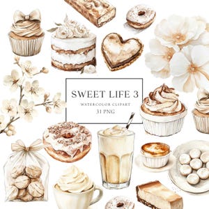 Clipart de sobremesas aquarela, clipart de pastelaria, clipart de padaria neutra, cupcakes de donuts, bolos de doces de confeitaria, adesivos, clipart de culinária
