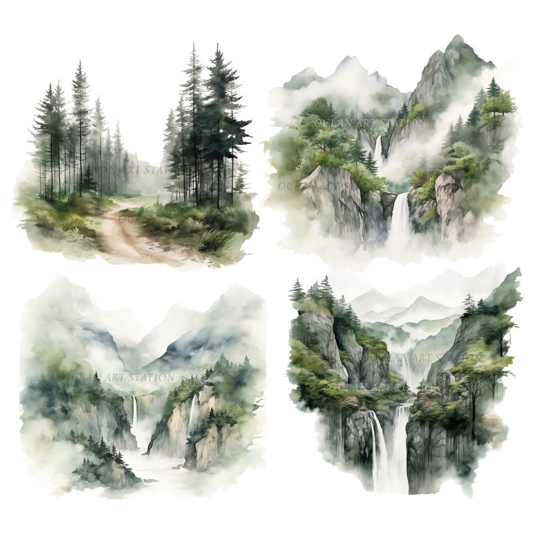 May include: Four watercolor landscape prints featuring serene mountain scenes. The artwork includes images of waterfalls, forests, and misty mountain ranges. The color palette is dominated by greens, blues, and earth tones, creating a tranquil and natural aesthetic.