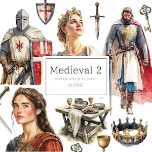 Acuarela de imágenes prediseñadas medievales, caballero, rey y reina medieval, imágenes prediseñadas de mediados de siglo, pueblo medieval, uso comercial, Edad Media, scrapbooking