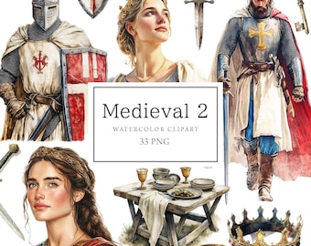 Medieval Clipart Watercolor, Medieval Knight King Queen, Mid Century Clipart, Medieval Village, Commercial Use, Middle Age, Scrapbooking