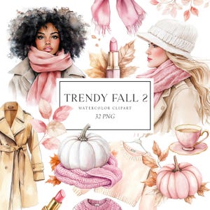 Clipart de moda de outono, clipart de garota rosa de outono, aquarela aconchegante de outono, clipart de moda de outono, clipart de moda de inverno, garota bonita, roupa de outono