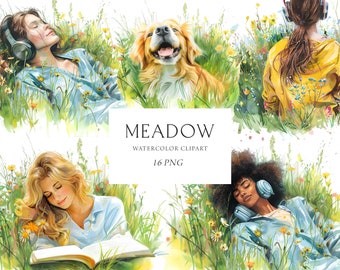 Spring Girls Clipart, Spring Clipart Watercolor, Girls and Wildflowers Clipart, Spring Meadow, Spring Animals Clipart, Spring Scenery Png
