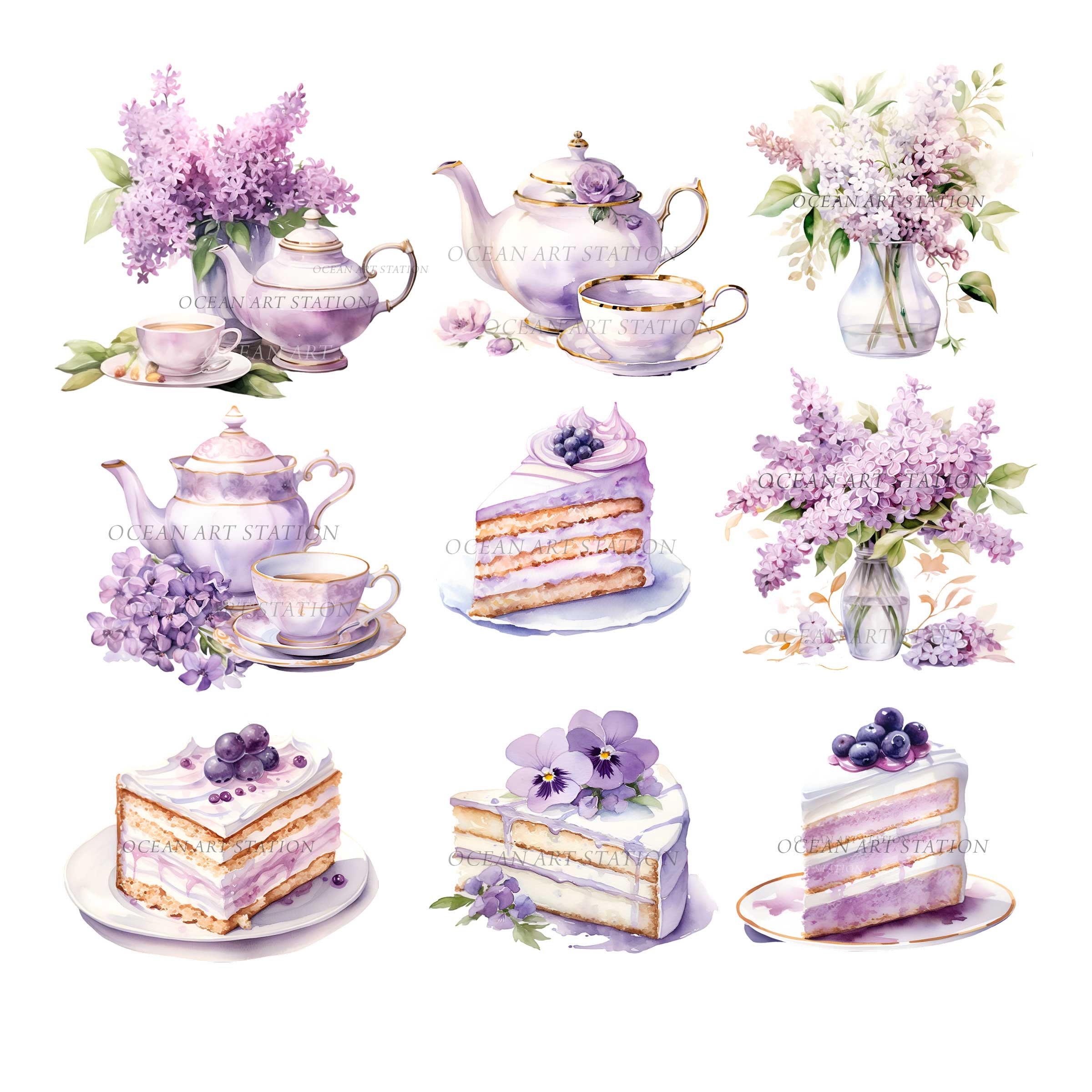 Tea Clipart Pastel, Floral Tea Time Clipart Watercolor, Vintage Teacups
