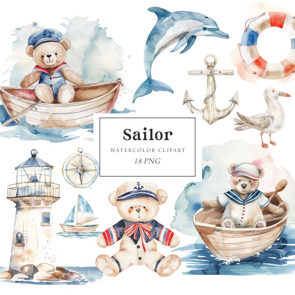 Sailor Teddy Bear Clipart, Little Sailor Clipart, Nautical Nursery Clipart, Cute Sailor Clipart, Nautical Baby Shower, Coastal Ocean Clipart