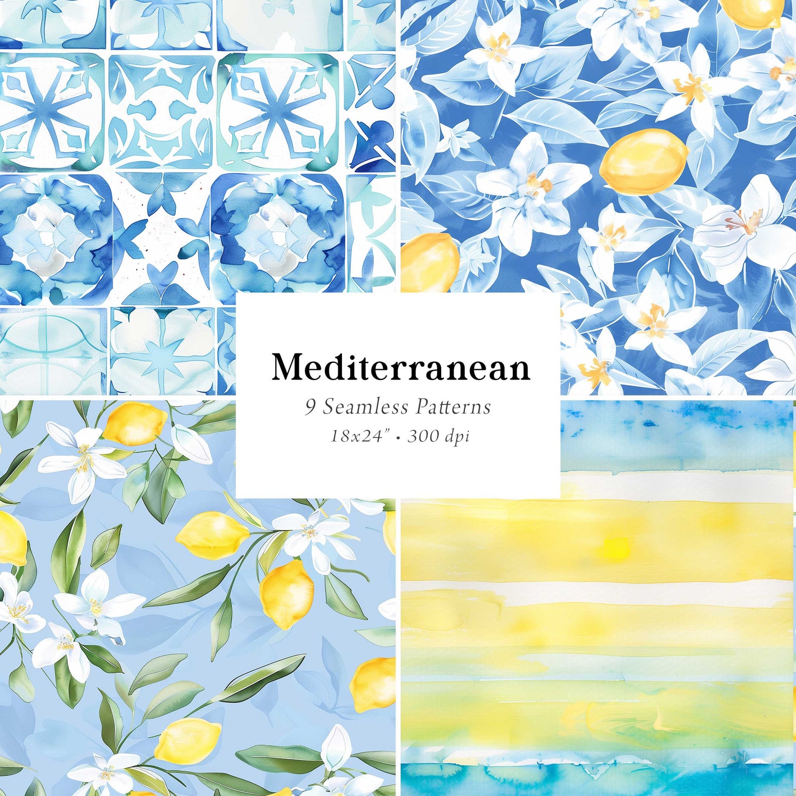 Mediterranean Digital Papers, Mediterranean Seamless Patterns, Lemon ...