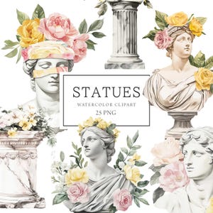 Clipart de statues antiques, sculptures romaines, statues grecques antiques, aquarelle de statues florales, sculpture romaine antique, usage commercial, PNG
