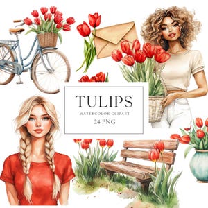 Clipart ragazza di primavera, Clipart tulipani, ragazza con fiori, bouquet primaverili, tulipani rossi, adesivi per pianificatori primaverili, scrapbooking, uso commerciale