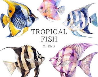Clipart di pesci tropicali, acquerello, PNG di pesci colorati, grafica di pesci esotici, clipart di pesci sottomarini, sott'acqua, pacchetto di clipart di pesci