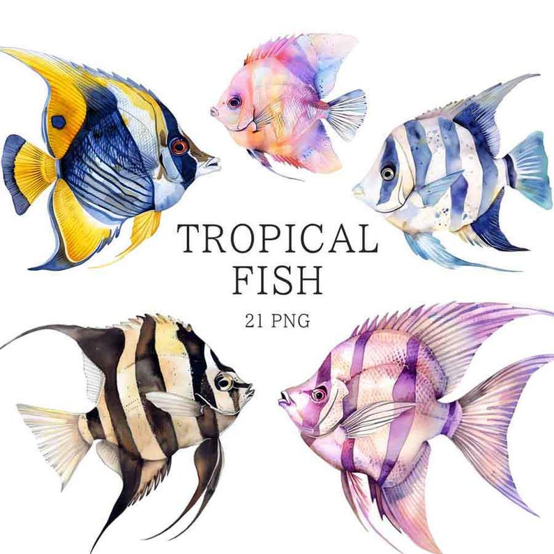 Tropical Fish Clipart, Watercolor, Colorful Fish Png, Exotic Fish Graphics, Under the Sea Clipart, Under Water, Fish Clipart Bundle image 1