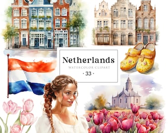 Netherlands Clipart, Dutch Watercolor Illustration, Amsterdam Clipart, Holland Clipart, Travel Clipart, Netherlands Sticker Scrapbooking