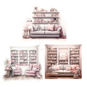 Op de afbeelding: Drie verschillende illustraties van woonkamers met boekenkasten en banken. De eerste afbeelding toont een witte bank met roze kussens en een deken. De tweede afbeelding toont twee roze fauteuils voor een grote boekenkast. De derde afbeelding toont een grijze bank met roze kussens en een deken voor een boekenkast.