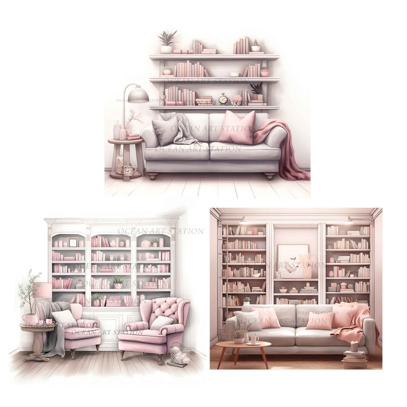 Op de afbeelding: Drie verschillende illustraties van woonkamers met boekenkasten en banken. De eerste afbeelding toont een witte bank met roze kussens en een deken. De tweede afbeelding toont twee roze fauteuils voor een grote boekenkast. De derde afbeelding toont een grijze bank met roze kussens en een deken voor een boekenkast.