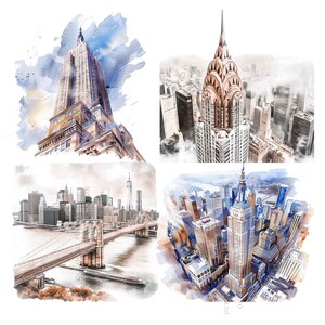 May include: A watercolor illustration of four different views of the New York City skyline. The first image shows the Empire State Building, the second shows the Chrysler Building, the third shows the Brooklyn Bridge, and the fourth shows the Flatiron Building.