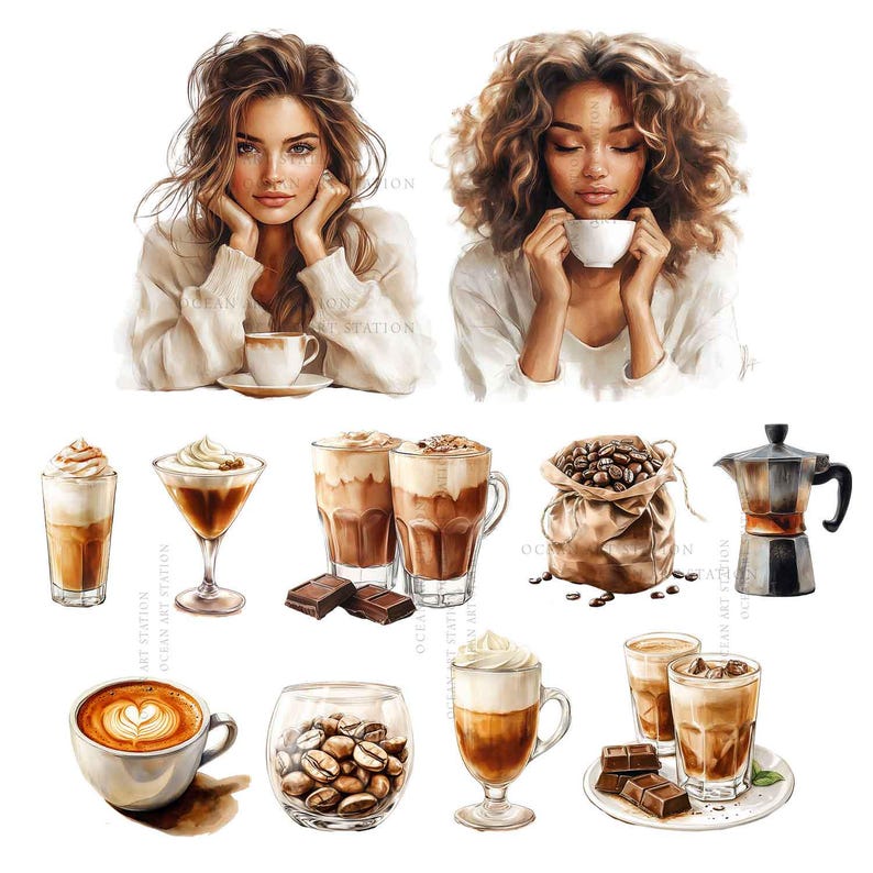 Kaffeälskare Clipart, Neutral Kaffe Clipart, Cappuccino Barista Clipart, Kaffedrycker Akvarell, Kommersiellt Bruk bild 2