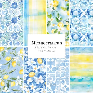 Papeles digitales mediterráneos, patrones mediterráneos sin costuras, patrones de limones, fondos mediterráneos, paquete de papeles digitales griegos italianos