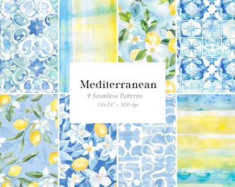 May include: Nine seamless digital paper patterns in a Mediterranean theme. The patterns feature blue and white tile designs, yellow lemons, white flowers, and watercolor stripes in shades of blue and yellow.