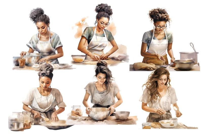 May include: Six women in various stages of baking, wearing different outfits and hairstyles. They are all focused on their tasks, mixing ingredients, kneading dough, and preparing food. The image is painted in a watercolor style, with soft colors and a warm, inviting atmosphere.