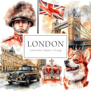 London Clipart, Big Ben Tower Bridge, London Watercolor Illustration, England British UK Clipart, Travel Clipart London Sticker Scrapbooking