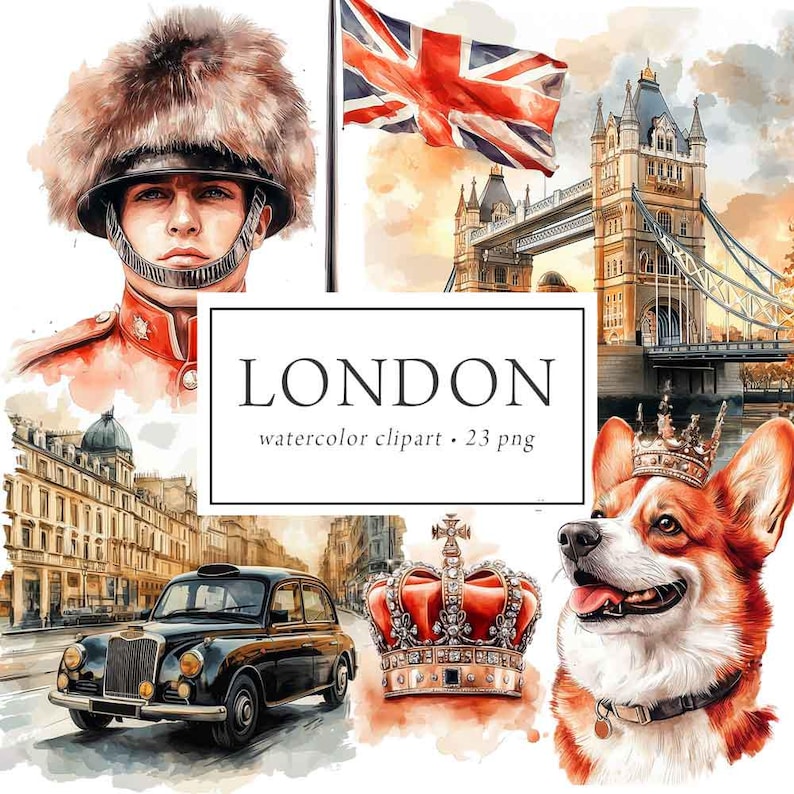 London Clipart, Big Ben Tower Bridge, London Watercolor Illustration, England British UK Clipart, Travel Clipart London Sticker Scrapbooking image 1