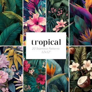 Pode incluir: Uma colagem de padrões sem costura com tema tropical. Os padrões apresentam flores vibrantes, folhagem verde exuberante e uma variedade de plantas tropicais. O texto "tropical" e "20 Seamless Patterns 12x12" é exibido em um fundo branco.