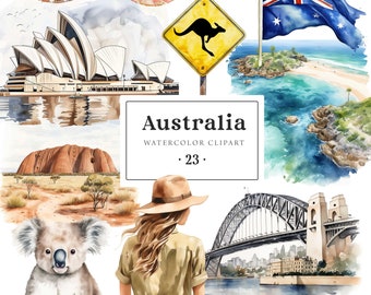 Australia Clipart Watercolor, Sydney Clipart, Aussie Clipart, Australia Travel Clipart, Kangaroo Koala, Australia Stickers Illustrations