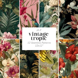 May include: A collection of 12 seamless patterns, each 12x12 inches, featuring a vintage tropical theme. The patterns showcase vibrant floral and botanical designs with a variety of colors, including pink, green, and yellow. The image includes the text "vintage tropic".