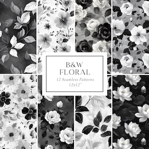 Papiers numériques noir et blanc, Motifs floraux sans soudure noir et blanc, Papiers numériques monochromes, Papiers numériques floraux, Motifs de tissu