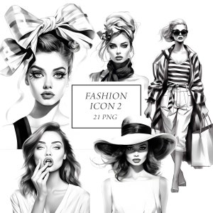 Imágenes prediseñadas de moda, imágenes prediseñadas de glamour, imágenes prediseñadas de chicas modelo de moda, imágenes prediseñadas de mujeres de moda en acuarela, estilo elegante y chic, imágenes PNG en blanco y negro, F1