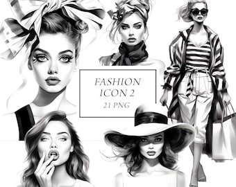 Fashion Clipart, Glamour Clipart, Fashion Model Girls Clipart, Watercolor Fashion Women Clipart, Elegant Chic Style, Black  White Png, F1