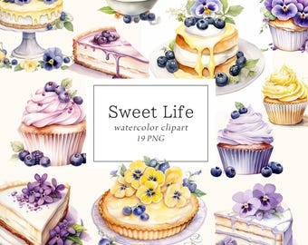May include: Watercolor clipart featuring various desserts, including cakes, cupcakes, and tarts, adorned with blueberries and pansies. The image includes the text "Sweet Life watercolor clipart 19 PNG". The desserts are in a variety of colors.